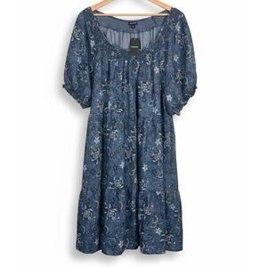 NWT Torrid Womens 2X Chambray‎ Smocked Puff Sleeve Boho Cottagecore Mini Dress